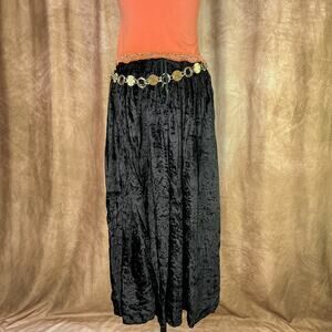 Vintage Crushed Velour Maxi Skirt Black Whimsigoth Goth Peasant Tie Waist Witchy